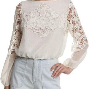 Alice + Olivia | Jenelle Long-Sleeve Lace-Trim Plisse Blouse Sz M